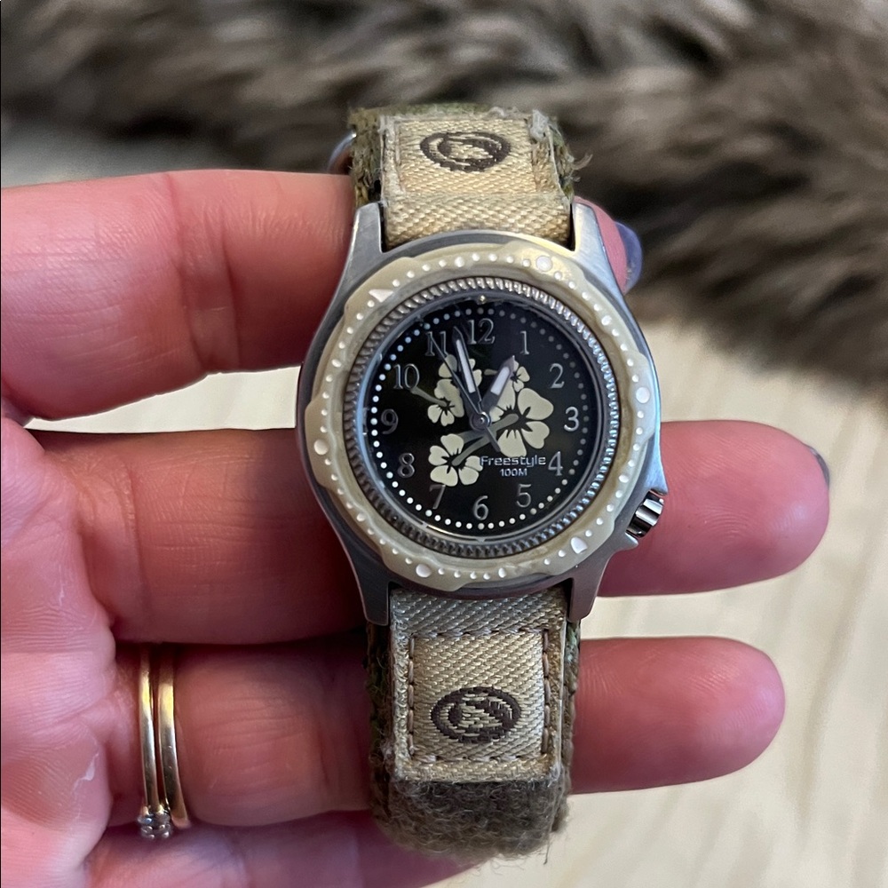 Freestyle Black Floral Dial Watch with Beige Strap